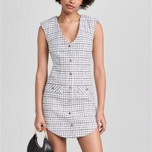 Amanda Uprichard Ivana Dress Mini Windowpane Tweed Button Front XS V-Neck